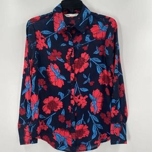 Zara Button Front Shirt Blue Red Floral